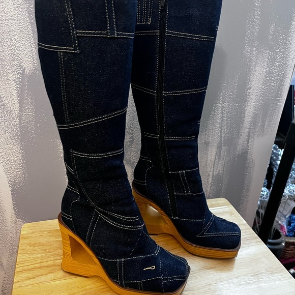 Vintage Splash Patchwork Denim Platform Wedge Boots. Y2K Statement.  Size 7 - Picture 2 of 14